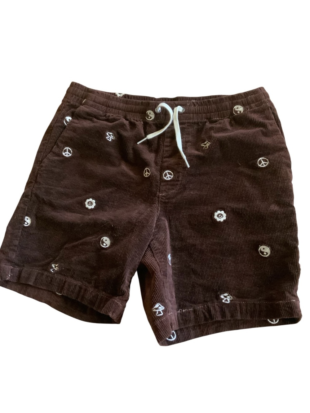 Pacsun Corduroy Volley Shorts Men's Size S Brown Embroidered Peace Pockets Beach